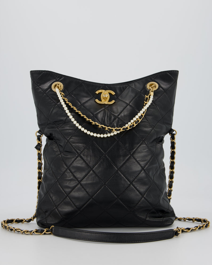 Chanel Black Quilted Fold Over Crossbody Tote Bag With Pearls Handles Details In Lambskin Leather and Gold Hardware