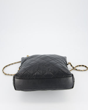 Chanel Black Quilted Fold Over Crossbody Tote Bag With Pearls Handles Details In Lambskin Leather and Gold Hardware