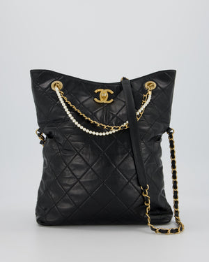 Chanel Black Quilted Fold Over Crossbody Tote Bag With Pearls Handles Details In Lambskin Leather and Gold Hardware