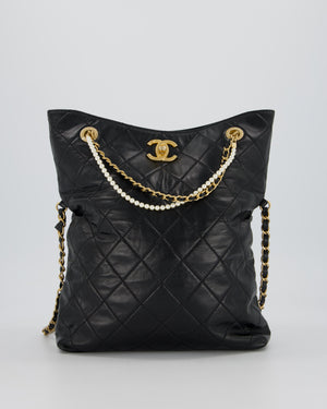 Chanel Black Quilted Fold Over Crossbody Tote Bag With Pearls Handles Details In Lambskin Leather and Gold Hardware