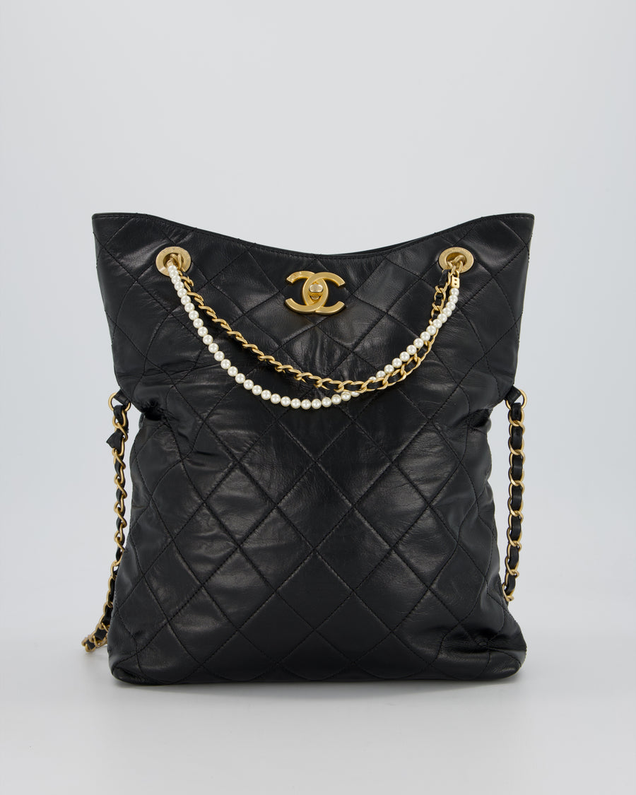 Chanel Black Quilted Fold Over Crossbody Tote Bag With Pearls Handles Details In Lambskin Leather and Gold Hardware