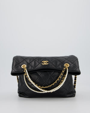 Chanel Black Quilted Fold Over Crossbody Tote Bag With Pearls Handles Details In Lambskin Leather and Gold Hardware
