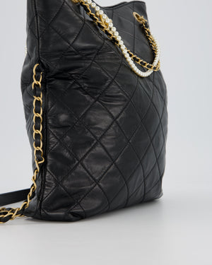 Chanel Black Quilted Fold Over Crossbody Tote Bag With Pearls Handles Details In Lambskin Leather and Gold Hardware