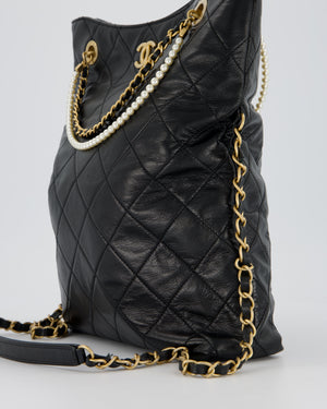 Chanel Black Quilted Fold Over Crossbody Tote Bag With Pearls Handles Details In Lambskin Leather and Gold Hardware