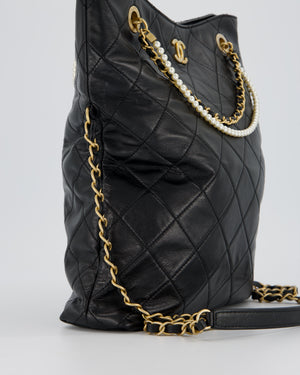 Chanel Black Quilted Fold Over Crossbody Tote Bag With Pearls Handles Details In Lambskin Leather and Gold Hardware
