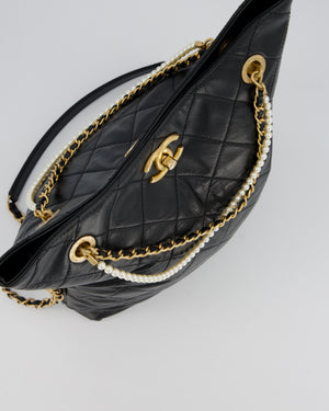 Chanel Black Quilted Fold Over Crossbody Tote Bag With Pearls Handles Details In Lambskin Leather and Gold Hardware