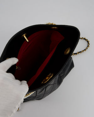 Chanel Black Quilted Fold Over Crossbody Tote Bag With Pearls Handles Details In Lambskin Leather and Gold Hardware