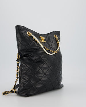 Chanel Black Quilted Fold Over Crossbody Tote Bag With Pearls Handles Details In Lambskin Leather and Gold Hardware
