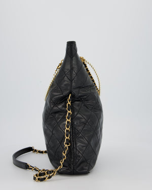 Chanel Black Quilted Fold Over Crossbody Tote Bag With Pearls Handles Details In Lambskin Leather and Gold Hardware