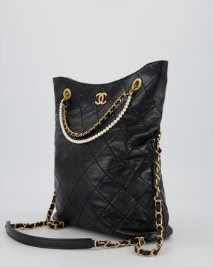 Chanel Black Quilted Fold Over Crossbody Tote Bag With Pearls Handles Details In Lambskin Leather and Gold Hardware
