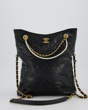 Chanel Black Quilted Fold Over Crossbody Tote Bag With Pearls Handles Details In Lambskin Leather and Gold Hardware