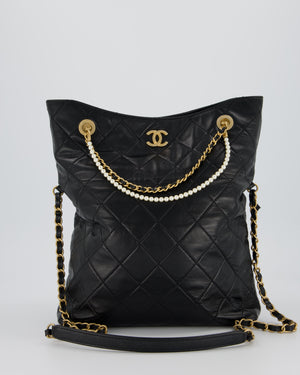 Chanel Black Quilted Fold Over Crossbody Tote Bag With Pearls Handles Details In Lambskin Leather and Gold Hardware