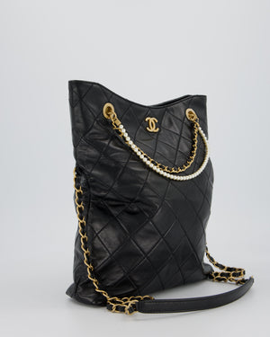 Chanel Black Quilted Fold Over Crossbody Tote Bag With Pearls Handles Details In Lambskin Leather and Gold Hardware