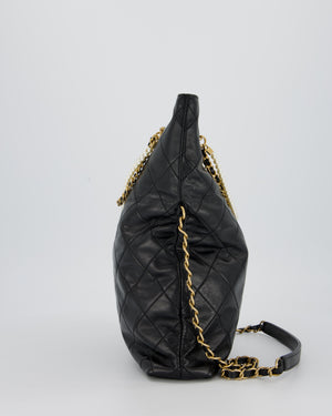 Chanel Black Quilted Fold Over Crossbody Tote Bag With Pearls Handles Details In Lambskin Leather and Gold Hardware
