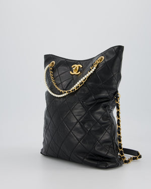 Chanel Black Quilted Fold Over Crossbody Tote Bag With Pearls Handles Details In Lambskin Leather and Gold Hardware