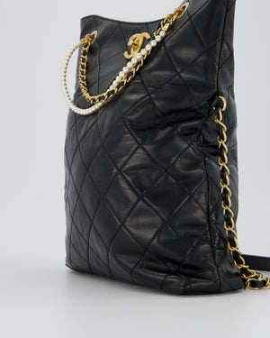 Chanel Black Quilted Fold Over Crossbody Tote Bag With Pearls Handles Details In Lambskin Leather and Gold Hardware
