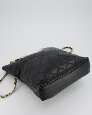 Chanel Black Quilted Fold Over Crossbody Tote Bag With Pearls Handles Details In Lambskin Leather and Gold Hardware