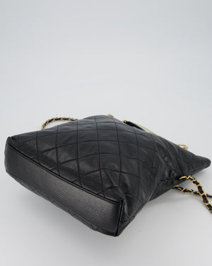 Chanel Black Quilted Fold Over Crossbody Tote Bag With Pearls Handles Details In Lambskin Leather and Gold Hardware