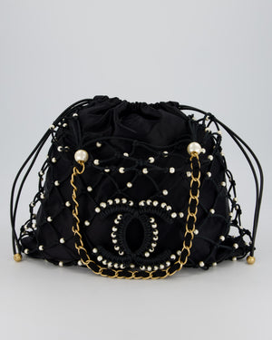 Chanel Black Coco Beach Net Tote Bag With Pearls Details and Gold Hardware
