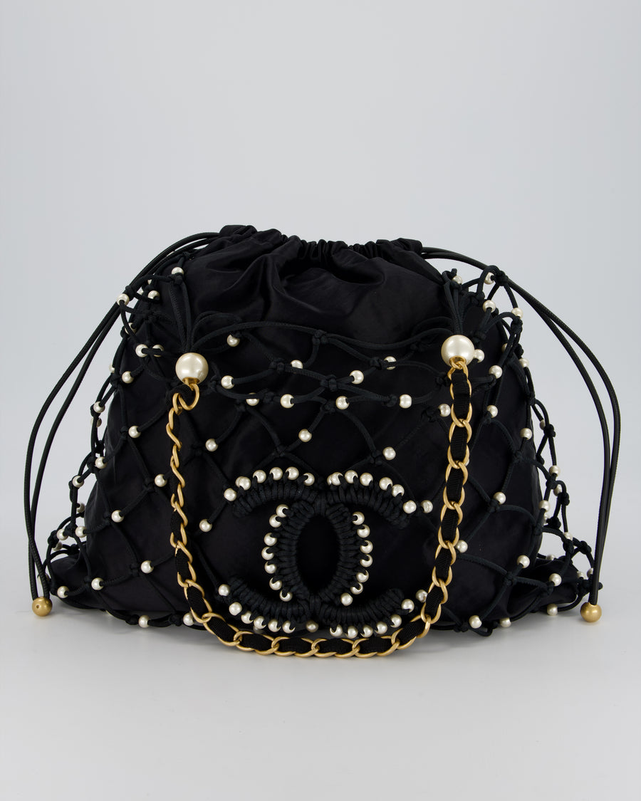 Chanel Black Coco Beach Net Tote Bag With Pearls Details and Gold Hardware