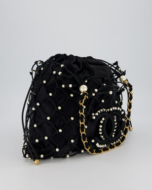 Chanel Black Coco Beach Net Tote Bag With Pearls Details and Gold Hardware
