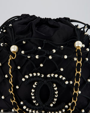 Chanel Black Coco Beach Net Tote Bag With Pearls Details and Gold Hardware