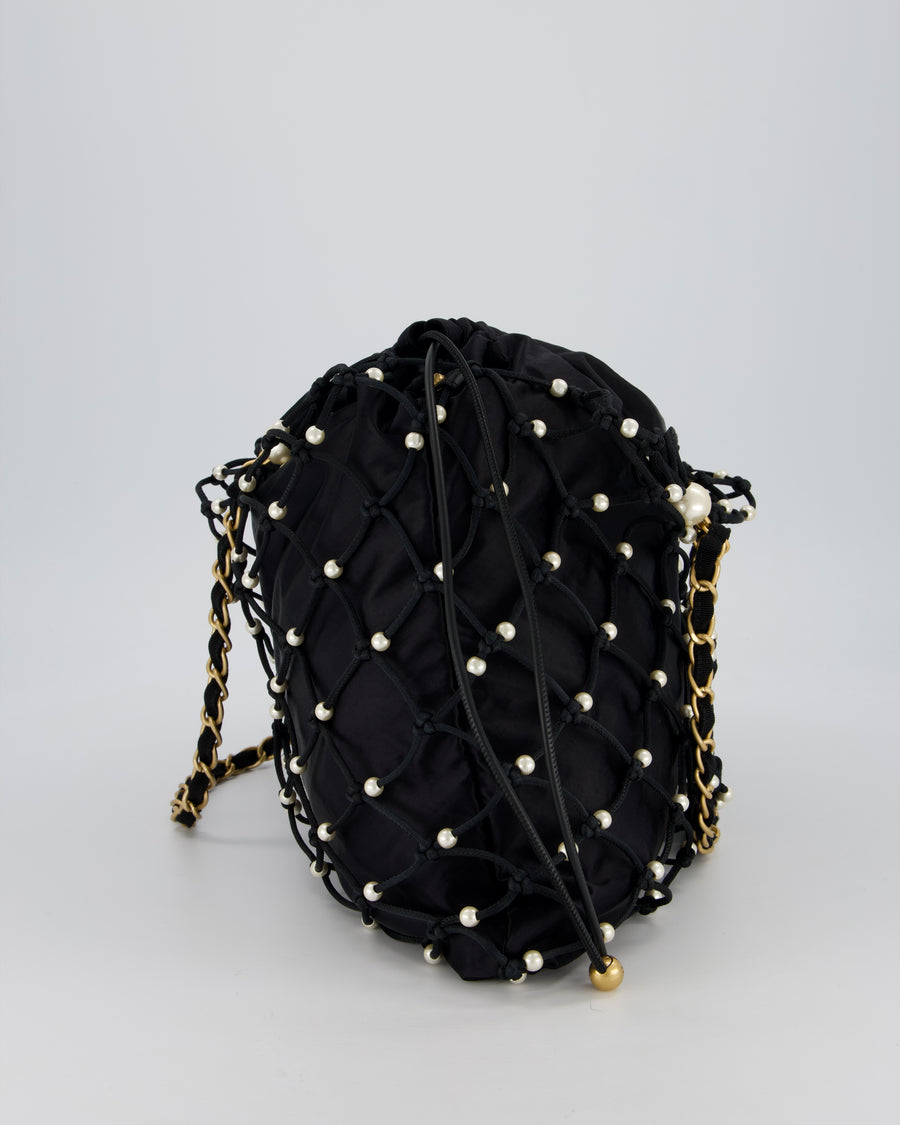 Chanel Black Coco Beach Net Tote Bag With Pearls Details and Gold Hardware