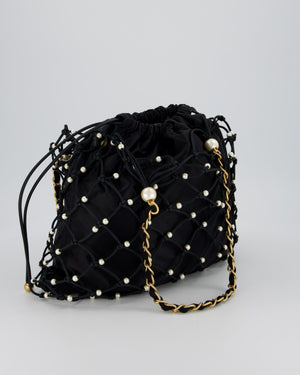 Chanel Black Coco Beach Net Tote Bag With Pearls Details and Gold Hardware