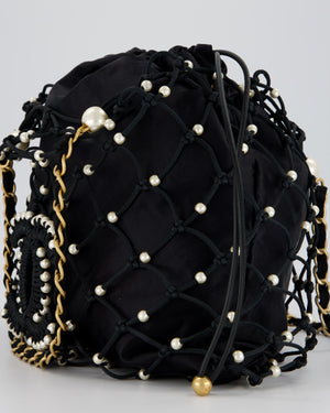 Chanel Black Coco Beach Net Tote Bag With Pearls Details and Gold Hardware