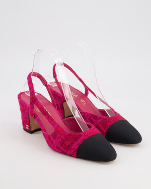 Chanel Hot Pink Tweed Slingbacks with Black Grosgrain Cap Toe and Gold CC Logo Detail Size EU 37.5