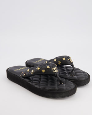 Chanel Black Leather Quilted Padded Flip Flops with Gold Charms Detail Size EU 38