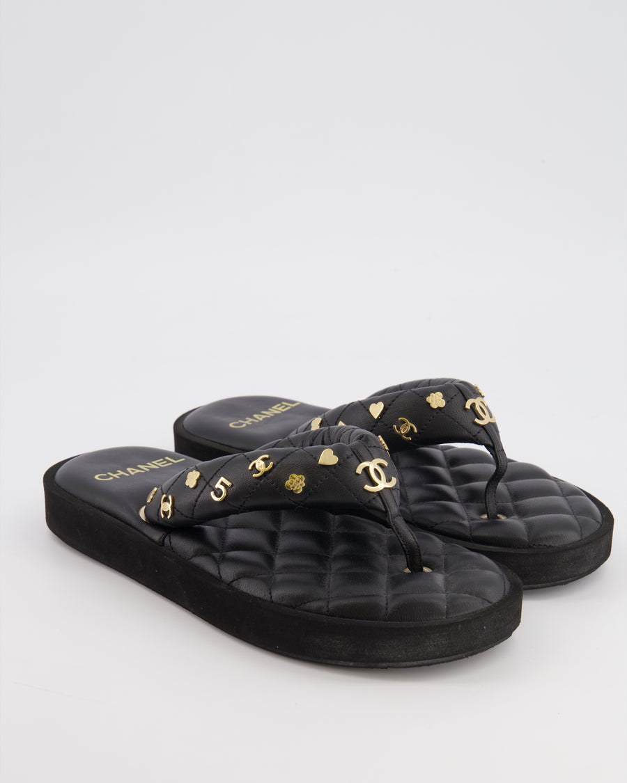 Chanel Black Leather Quilted Padded Flip Flops with Gold Charms Detail Size EU 38
