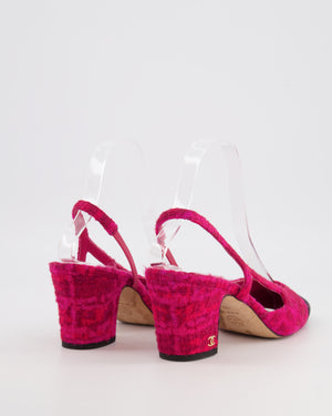 Chanel Hot Pink Tweed Slingbacks with Black Grosgrain Cap Toe and Gold CC Logo Detail Size EU 37.5