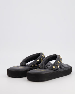 Chanel Black Leather Quilted Padded Flip Flops with Gold Charms Detail Size EU 38