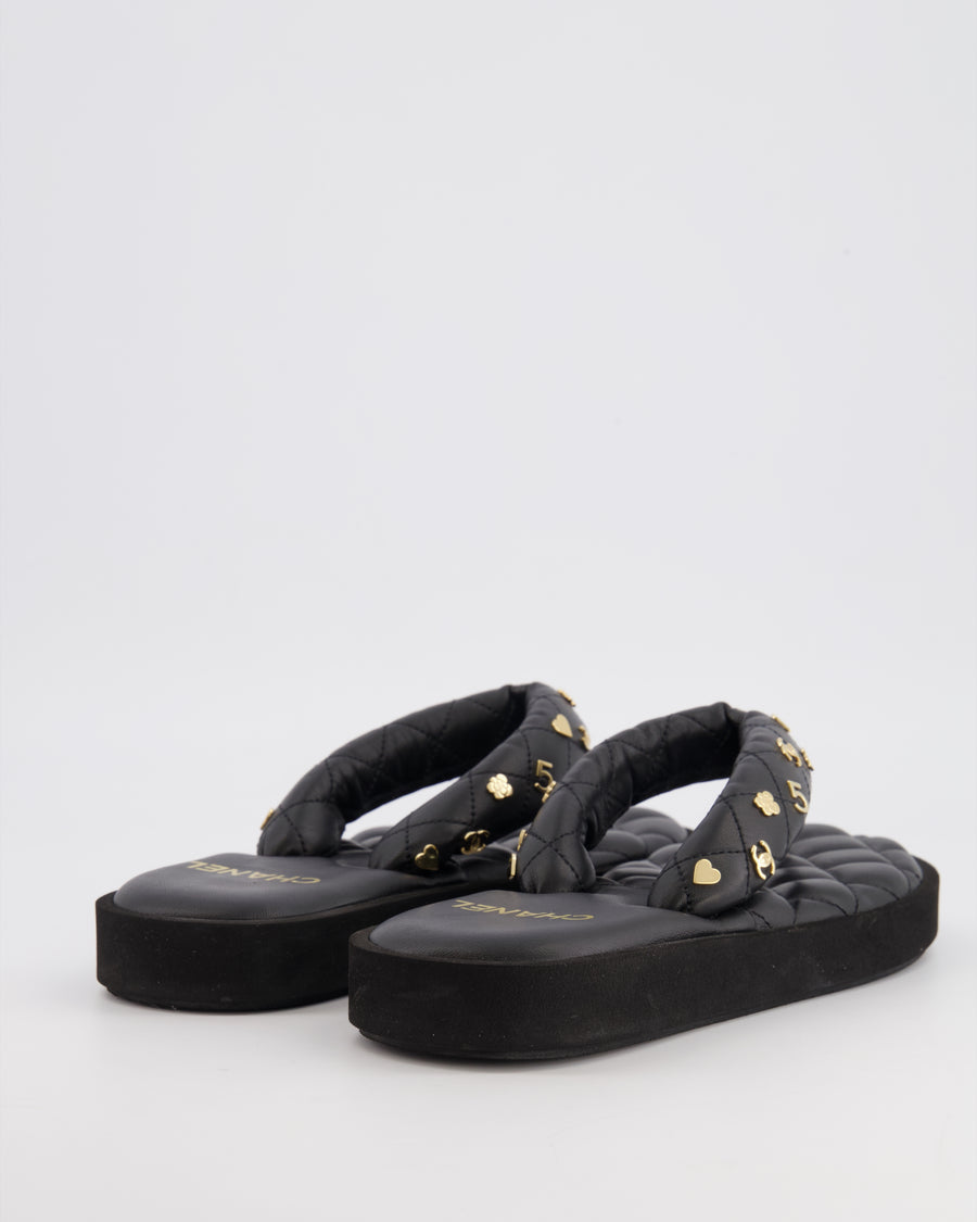 Chanel Black Leather Quilted Padded Flip Flops with Gold Charms Detail Size EU 38