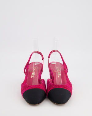 Chanel Hot Pink Tweed Slingbacks with Black Grosgrain Cap Toe and Gold CC Logo Detail Size EU 37.5