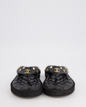 Chanel Black Leather Quilted Padded Flip Flops with Gold Charms Detail Size EU 38