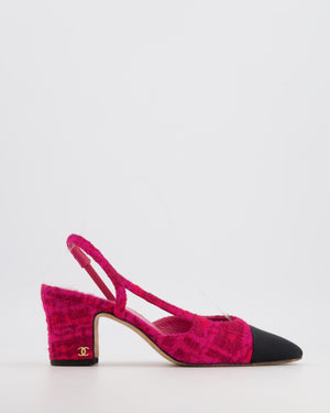 Chanel Hot Pink Tweed Slingbacks with Black Grosgrain Cap Toe and Gold CC Logo Detail Size EU 37.5