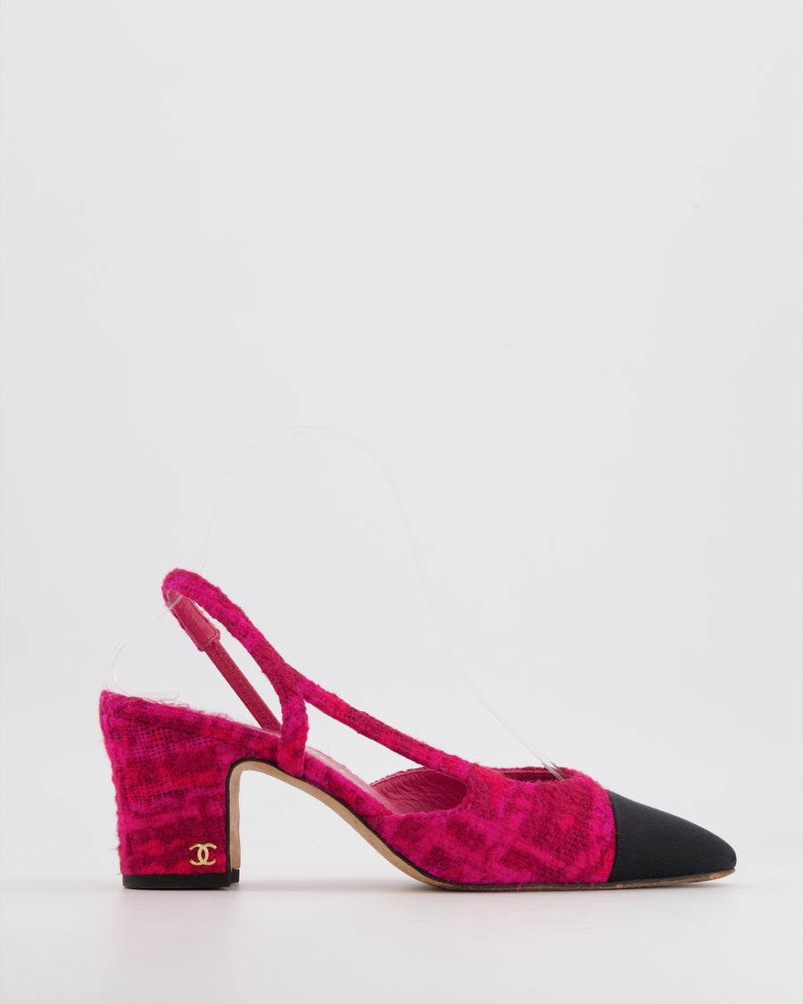 Chanel Hot Pink Tweed Slingbacks with Black Grosgrain Cap Toe and Gold CC Logo Detail Size EU 37.5
