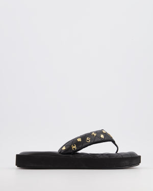 Chanel Black Leather Quilted Padded Flip Flops with Gold Charms Detail Size EU 38
