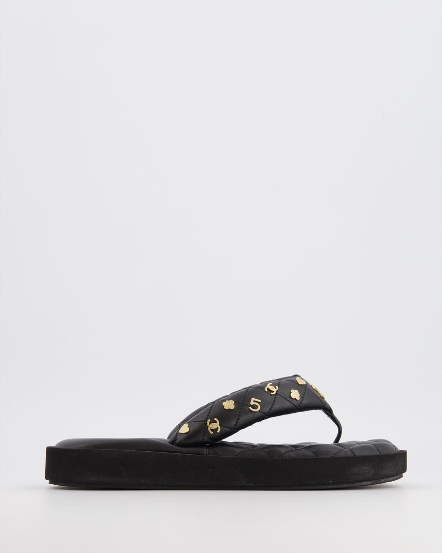 Chanel Black Leather Quilted Padded Flip Flops with Gold Charms Detail Size EU 38
