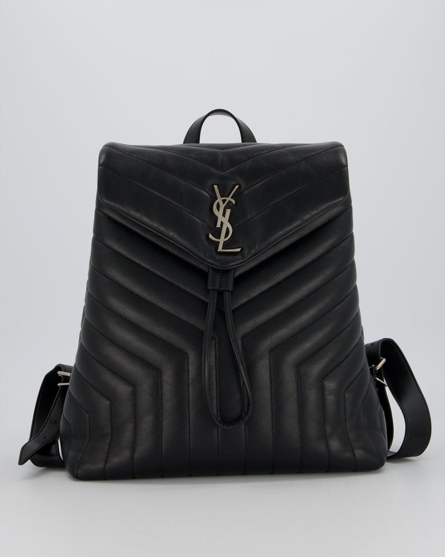 Saint Laurent Black Medium Loulou Backpack Bag in Lambskin Leather With Silver Hardware