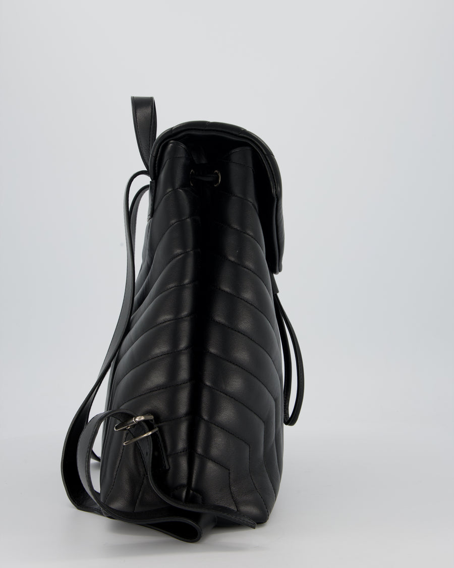 Saint Laurent Black Medium Loulou Backpack Bag in Lambskin Leather With Silver Hardware