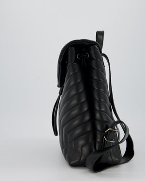 Saint Laurent Black Medium Loulou Backpack Bag in Lambskin Leather With Silver Hardware