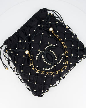 Chanel Black Coco Beach Net Tote Bag With Pearls Details and Gold Hardware