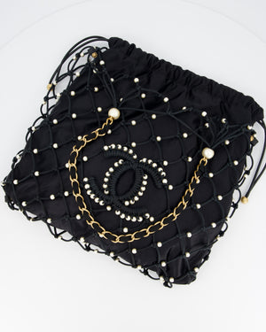Chanel Black Coco Beach Net Tote Bag With Pearls Details and Gold Hardware