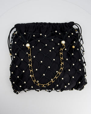 Chanel Black Coco Beach Net Tote Bag With Pearls Details and Gold Hardware