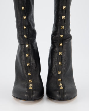 Valentino Black Rockstud Knee High Boots Grained Leather Size EU 39