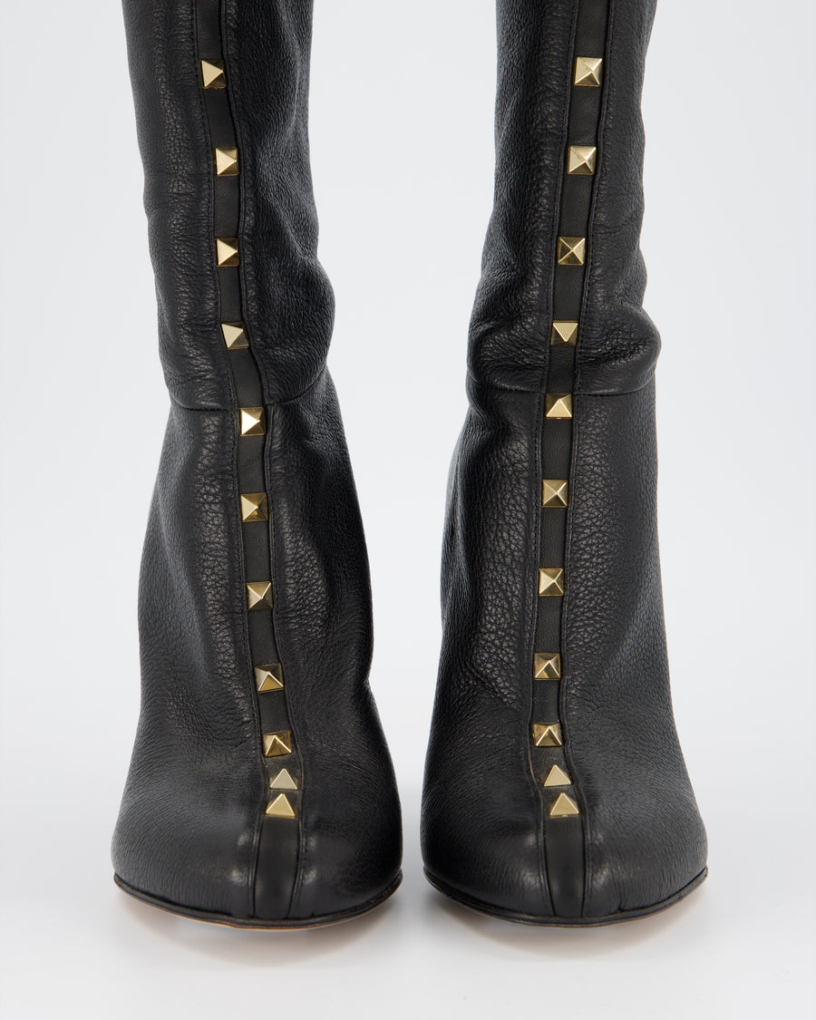 Valentino Black Rockstud Knee High Boots Grained Leather Size EU 39