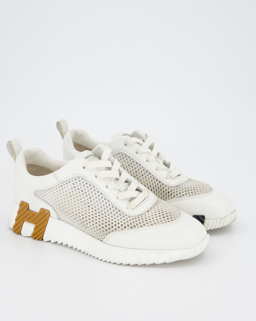 Hermès White Bouncing Sneakers in Mesh and Leather Size EU 38